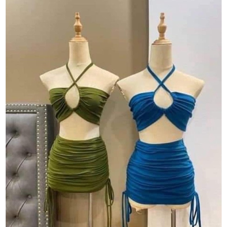 Sét bikini hai mảnh, bộ đồ bơi nữ áo mặc hai kiểu kèm chân váy rút hai bên hông sang chảnh