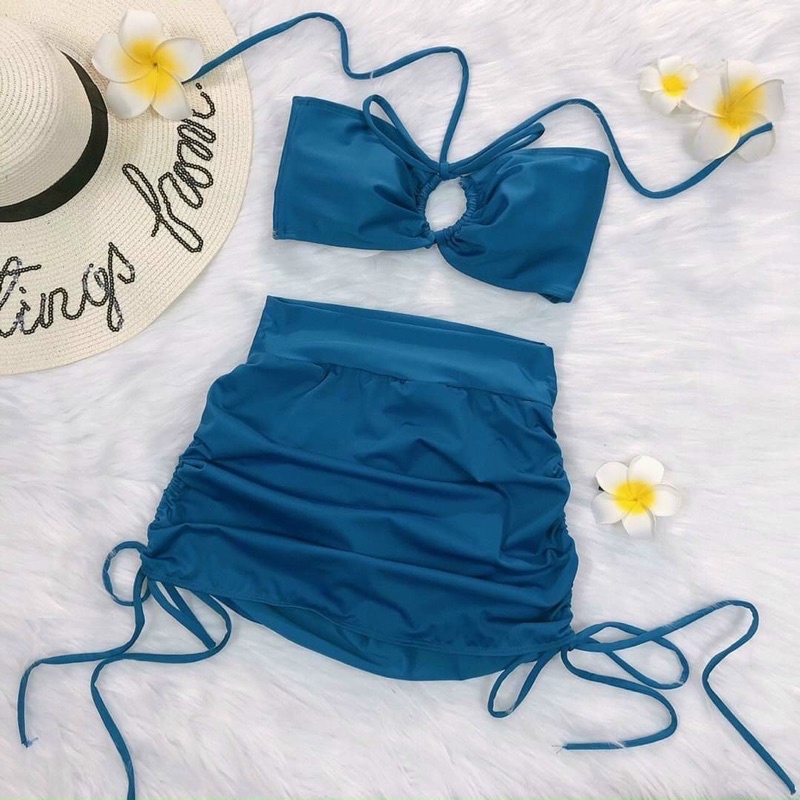 Sét bikini hai mảnh, bộ đồ bơi nữ áo mặc hai kiểu kèm chân váy rút hai bên hông sang chảnh