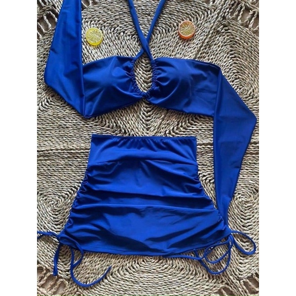 Sét bikini hai mảnh, bộ đồ bơi nữ áo mặc hai kiểu kèm chân váy rút hai bên hông sang chảnh