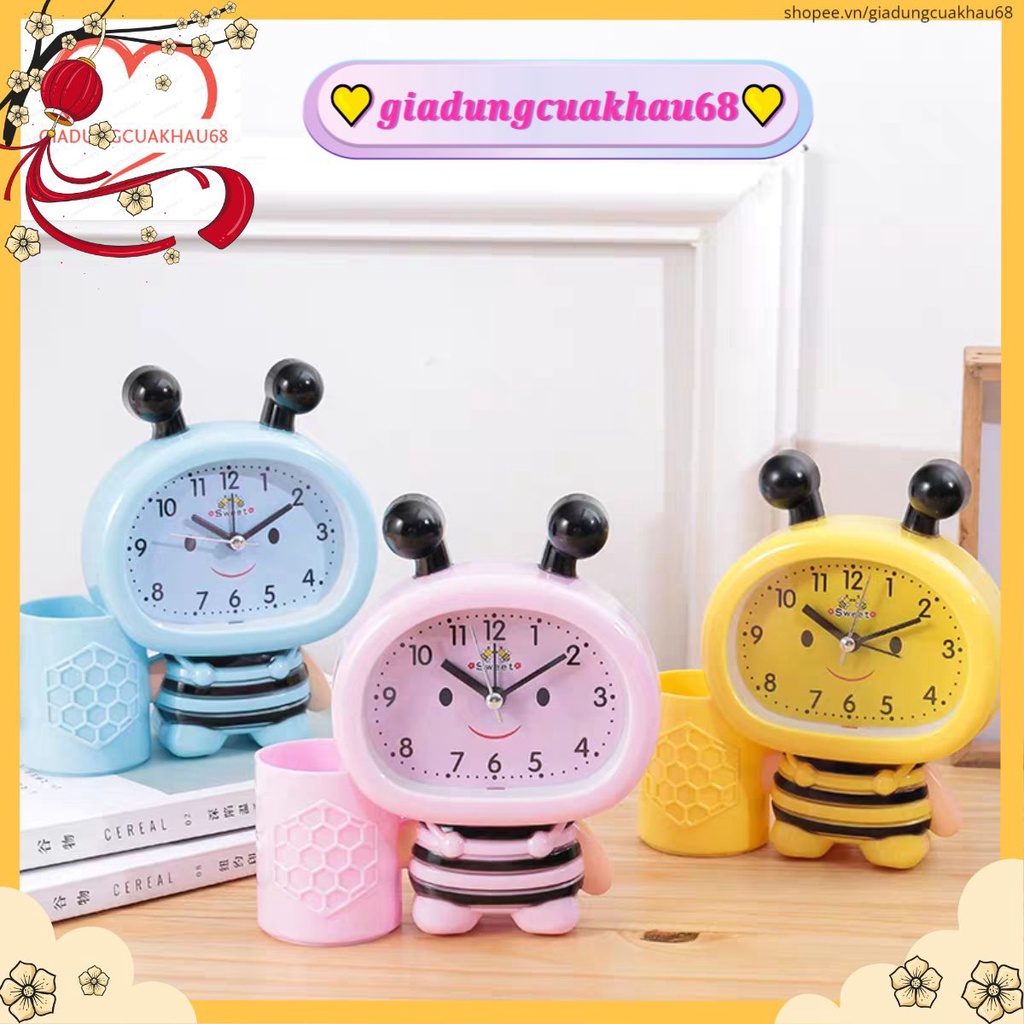Đồng hồ báo thức để bàn hình Chú Ong, mèo Hello Kitty xinh xắn kèm ống đựng bút