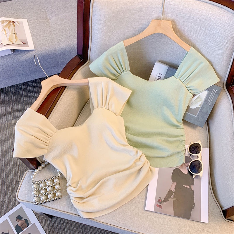 Jiashucheng Áo Sweater Dáng Ôm Xếp Ly Nhẹ Nhàng Thiết Kế Niche Mùa Hè Cho Nữ