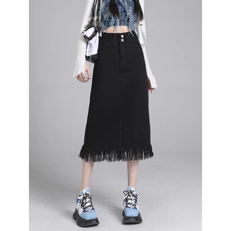 Jiashucheng Chân Váy Denim Chữ A Dài Vừa Phối Tua Rua Màu Đen Cổ Điển Thời Trang Xuân Hè Dành Cho Bạn Nữ
