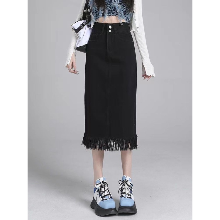 Jiashucheng Chân Váy Denim Chữ A Dài Vừa Phối Tua Rua Màu Đen Cổ Điển Thời Trang Xuân Hè Dành Cho Bạn Nữ