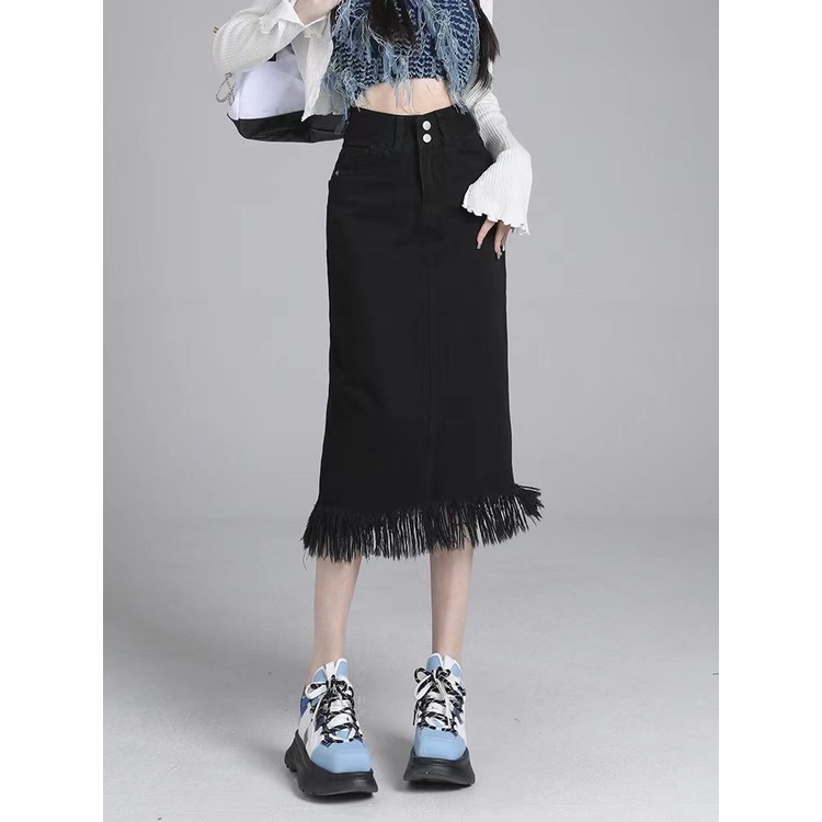 Jiashucheng Chân Váy Denim Chữ A Dài Vừa Phối Tua Rua Màu Đen Cổ Điển Thời Trang Xuân Hè Dành Cho Bạn Nữ