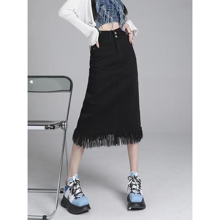 Jiashucheng Chân Váy Denim Chữ A Dài Vừa Phối Tua Rua Màu Đen Cổ Điển Thời Trang Xuân Hè Dành Cho Bạn Nữ