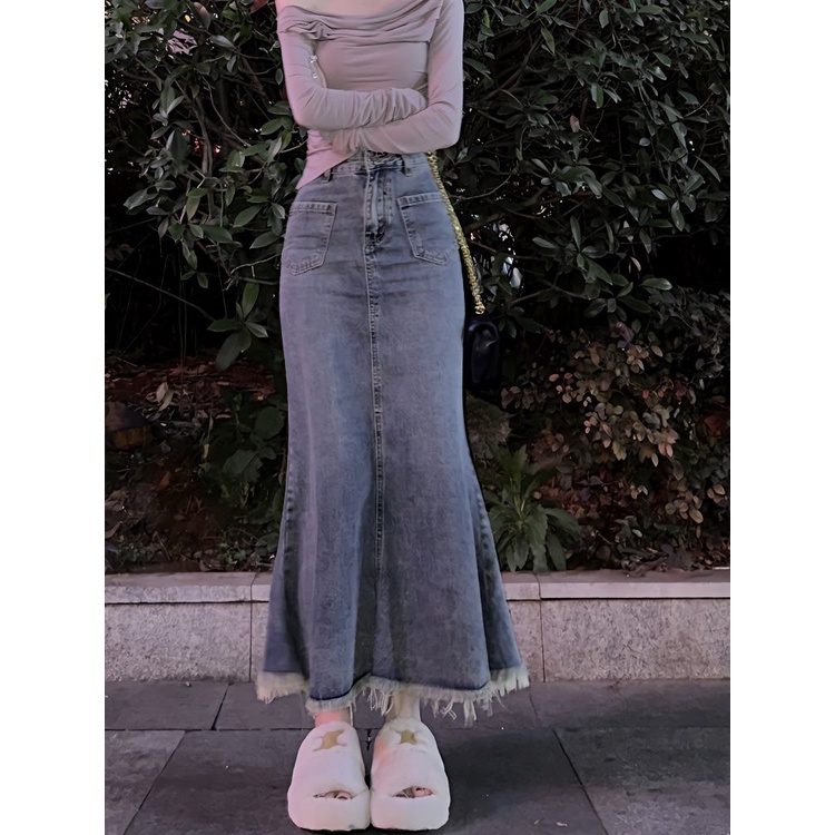 Jiashucheng Chân Váy Denim Đuôi Cá Lưng Cao Dáng Chữ a Thời Trang Mùa Hè Cho Nữ