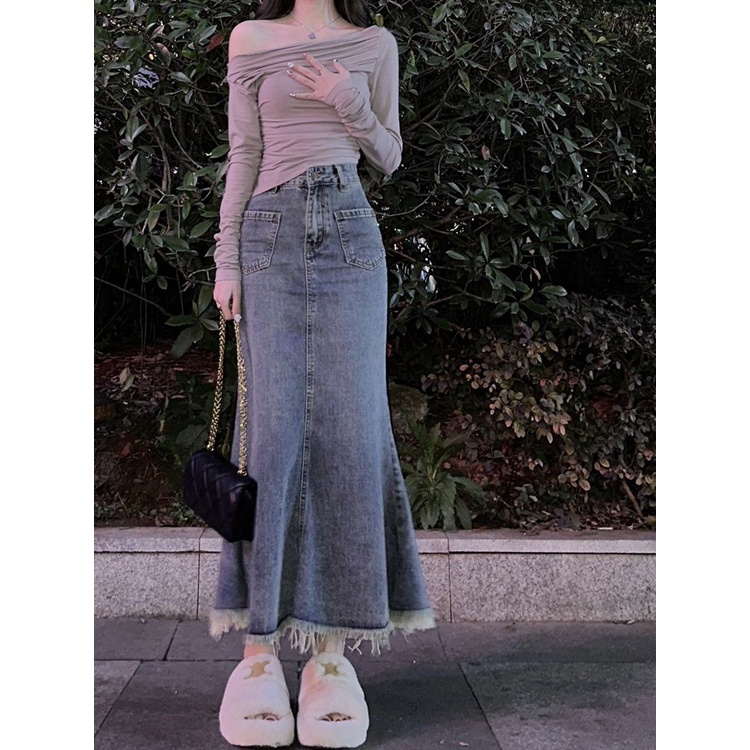 Jiashucheng Chân Váy Denim Đuôi Cá Lưng Cao Dáng Chữ a Thời Trang Mùa Hè Cho Nữ