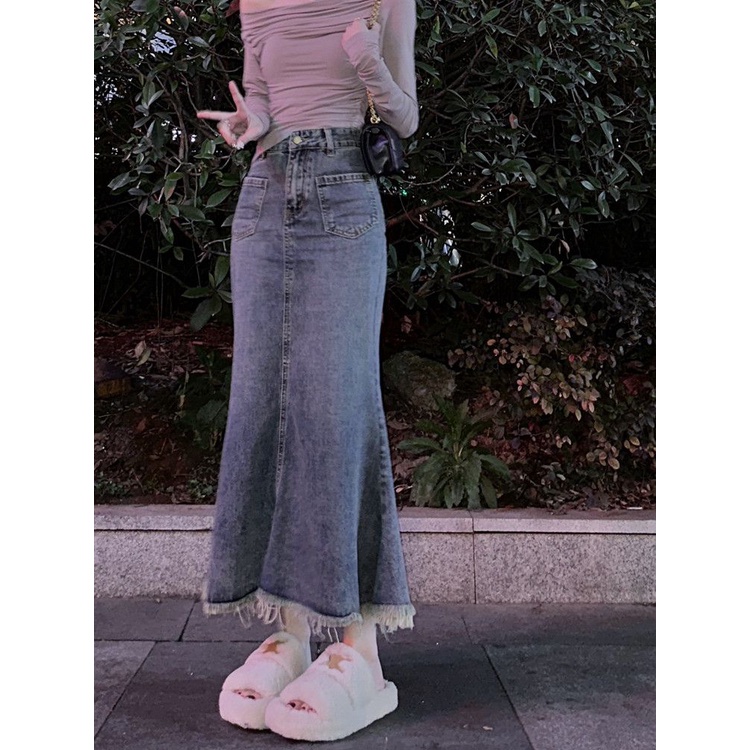 Jiashucheng Chân Váy Denim Đuôi Cá Lưng Cao Dáng Chữ a Thời Trang Mùa Hè Cho Nữ