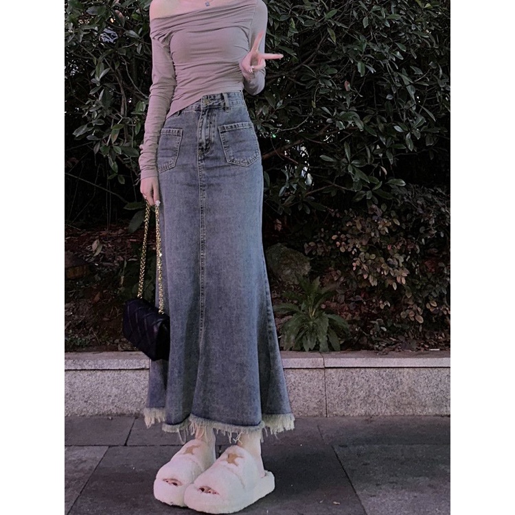 Jiashucheng Chân Váy Denim Đuôi Cá Lưng Cao Dáng Chữ a Thời Trang Mùa Hè Cho Nữ