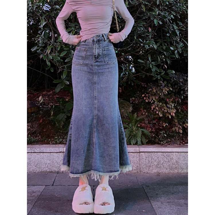 Jiashucheng Chân Váy Denim Đuôi Cá Lưng Cao Dáng Chữ a Thời Trang Mùa Hè Cho Nữ