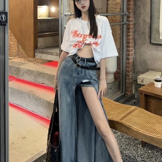 Jiashucheng Looks Tall Váy Denim Dáng Chữ A Lệch Tà Cao Màu Sắc Tương Phản Quyến Rũ