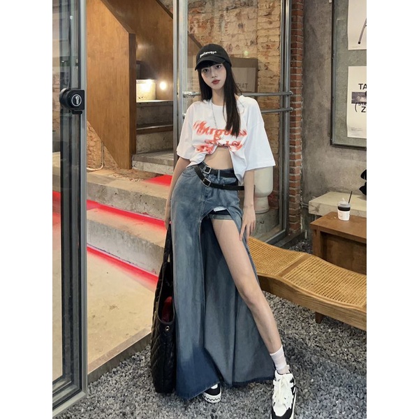 Jiashucheng Looks Tall Váy Denim Dáng Chữ A Lệch Tà Cao Màu Sắc Tương Phản Quyến Rũ