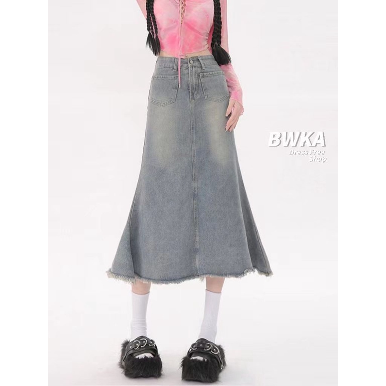Jiashucheng Chân Váy Đuôi Cá Denim Sờn Dáng Dài Eo Cao Ôm Hông Màu Sáng Kiểu Retro Mỹ Mùa Hè Dành Cho Bạn Nữ