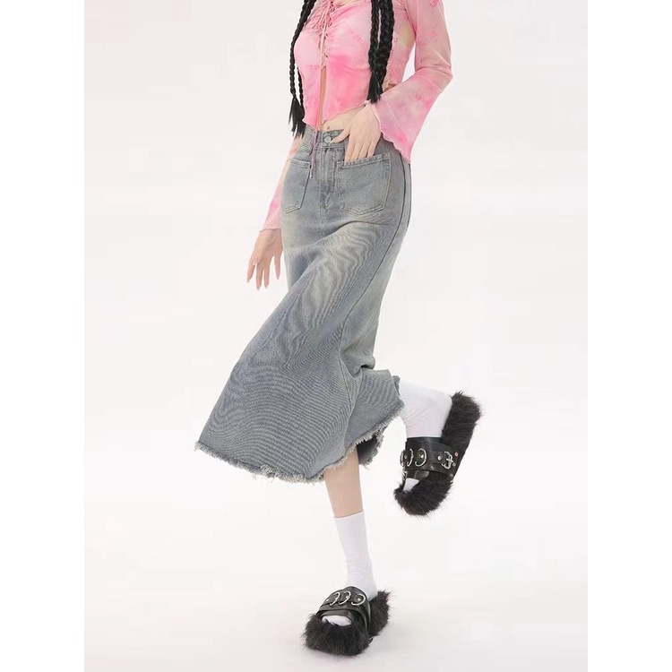 Jiashucheng Chân Váy Đuôi Cá Denim Sờn Dáng Dài Eo Cao Ôm Hông Màu Sáng Kiểu Retro Mỹ Mùa Hè Dành Cho Bạn Nữ