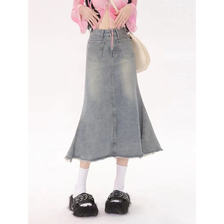 Jiashucheng Chân Váy Đuôi Cá Denim Sờn Dáng Dài Eo Cao Ôm Hông Màu Sáng Kiểu Retro Mỹ Mùa Hè Dành Cho Bạn Nữ