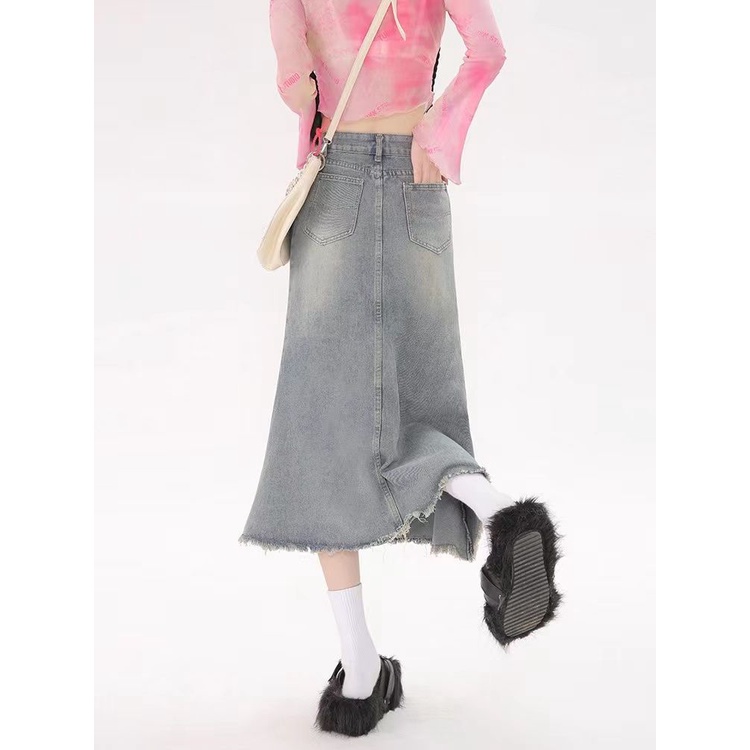 Jiashucheng Chân Váy Đuôi Cá Denim Sờn Dáng Dài Eo Cao Ôm Hông Màu Sáng Kiểu Retro Mỹ Mùa Hè Dành Cho Bạn Nữ