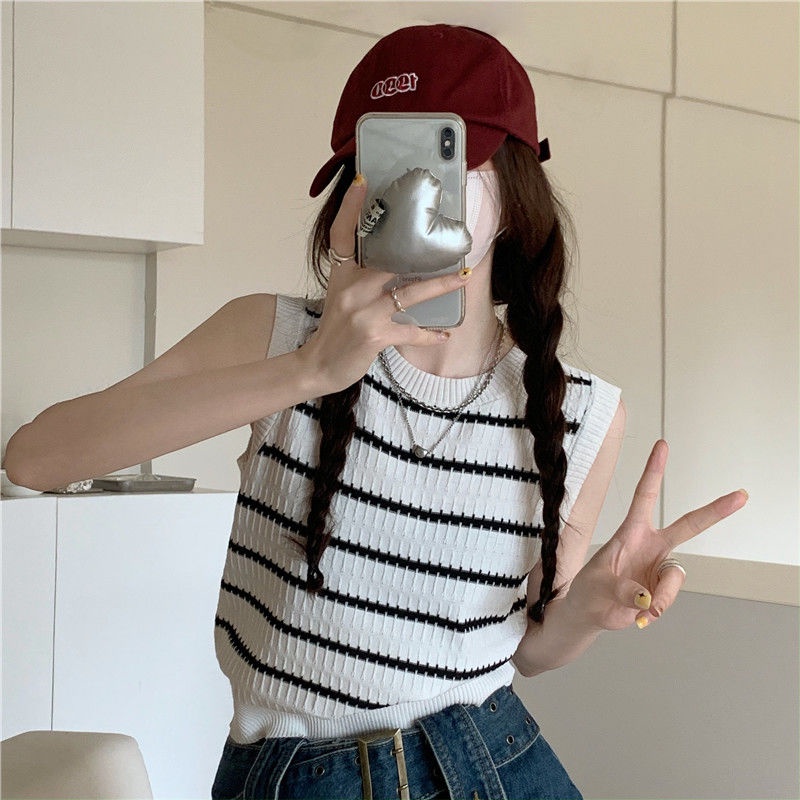 Jiashucheng Áo Dệt Kim Ngắn Sát Nách Kẻ Sọc Thời Trang Mùa Hè Pháp Cho Nữ