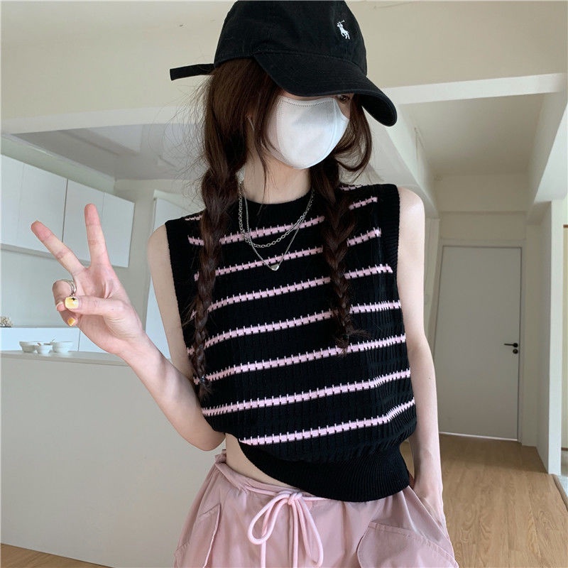 Jiashucheng Áo Dệt Kim Ngắn Sát Nách Kẻ Sọc Thời Trang Mùa Hè Pháp Cho Nữ