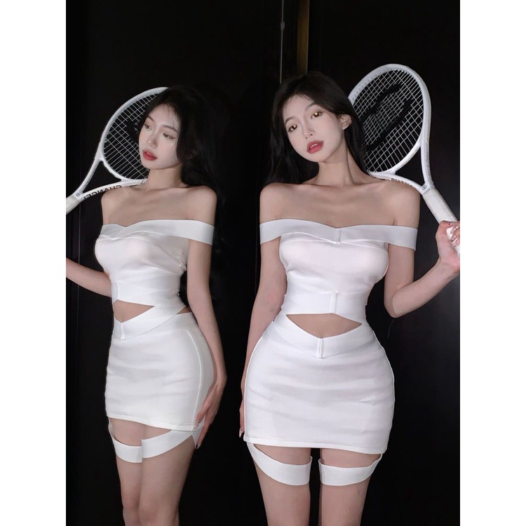 Jiashucheng Bộ Áo Lửng Sát Nách Dáng Ôm Phối Chân Váy Ngắn Chéo Thời Trang Cho Nữ