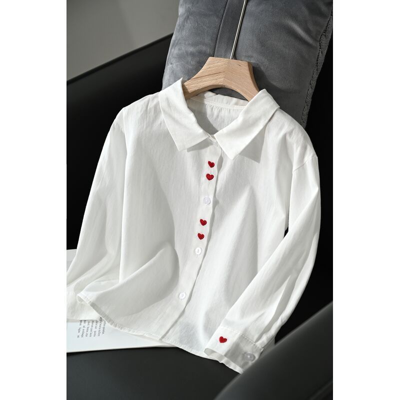 Áo Sơ Mi Trắng Vải Cotton Tay Dài Thêu Hình Trái Tim Dễ Thương Cho Bé Gái