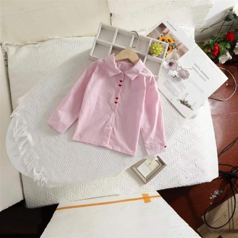 Áo Sơ Mi Trắng Vải Cotton Tay Dài Thêu Hình Trái Tim Dễ Thương Cho Bé Gái