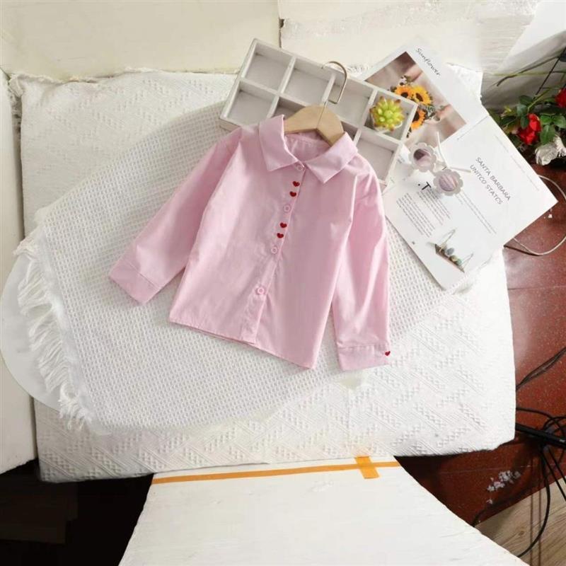 Áo Sơ Mi Trắng Vải Cotton Tay Dài Thêu Hình Trái Tim Dễ Thương Cho Bé Gái