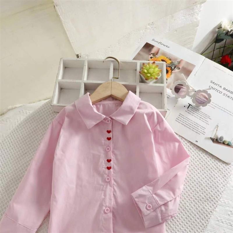 Áo Sơ Mi Trắng Vải Cotton Tay Dài Thêu Hình Trái Tim Dễ Thương Cho Bé Gái