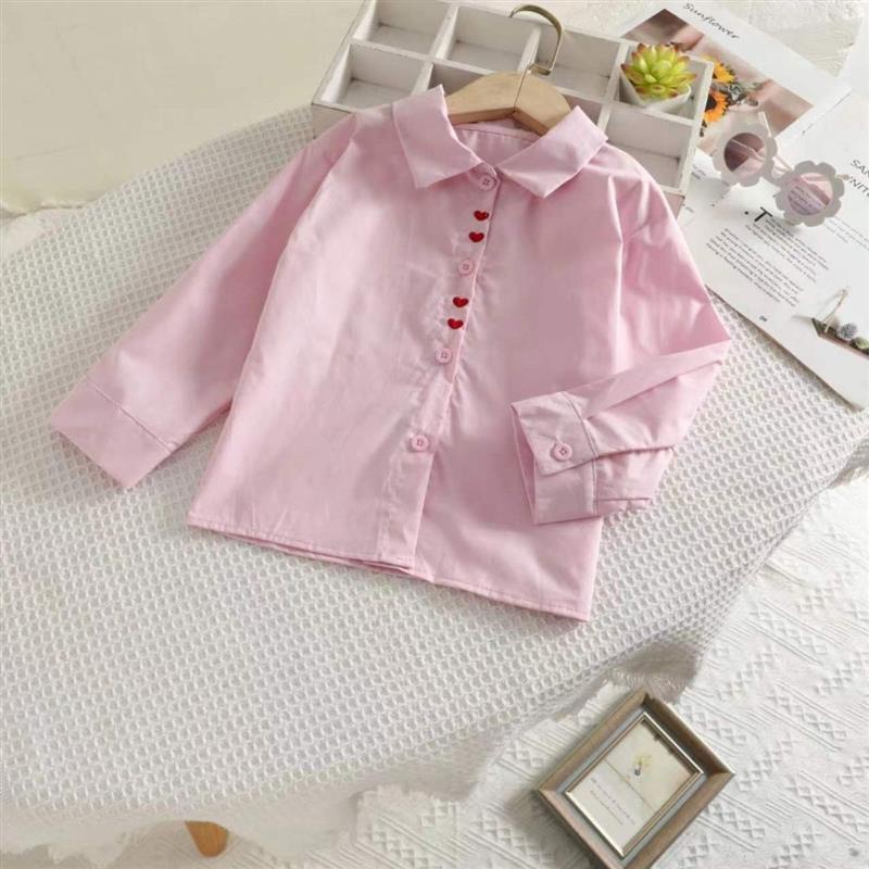 Áo Sơ Mi Trắng Vải Cotton Tay Dài Thêu Hình Trái Tim Dễ Thương Cho Bé Gái