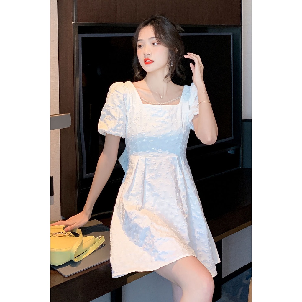 Đầm Ngắn Tay Cổ Vuông Thắt Nơ Sau Lưng Phong Cách Hàn Quốc Thời Trang Mùa Hè Cho Nữ