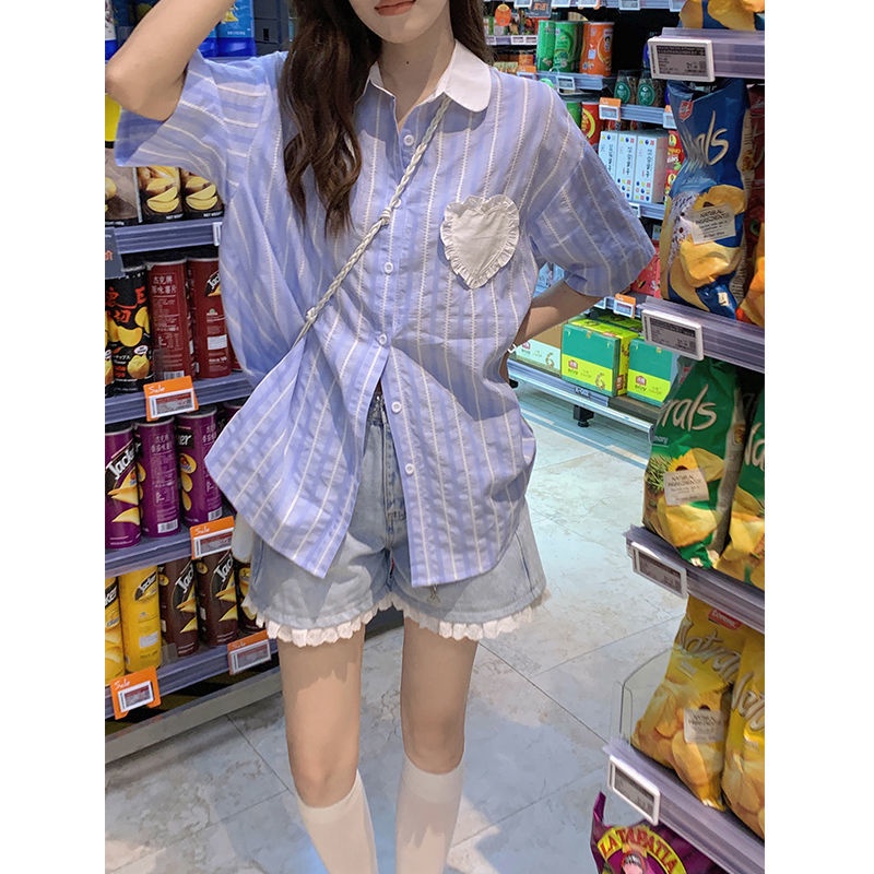 Jiashucheng Áo Sơ Mi Nữ Ngắn Tay Sọc Xanh Dương Phong Cách Hàn Quốc Mới