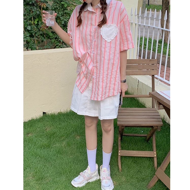 Jiashucheng Áo Sơ Mi Nữ Ngắn Tay Sọc Xanh Dương Phong Cách Hàn Quốc Mới