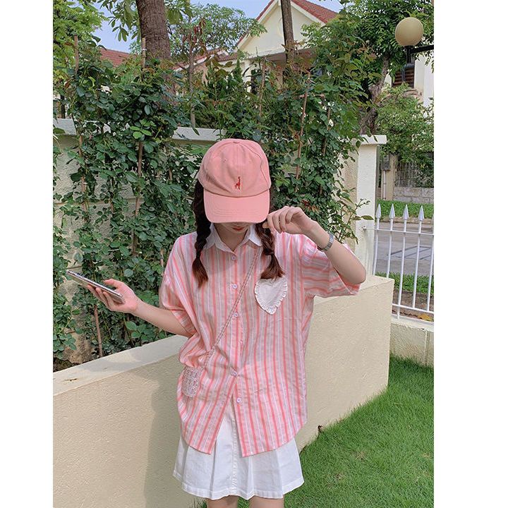 Jiashucheng Áo Sơ Mi Nữ Ngắn Tay Sọc Xanh Dương Phong Cách Hàn Quốc Mới