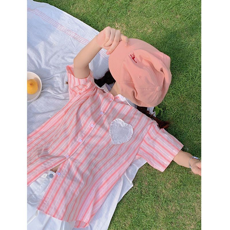 Jiashucheng Áo Sơ Mi Nữ Ngắn Tay Sọc Xanh Dương Phong Cách Hàn Quốc Mới