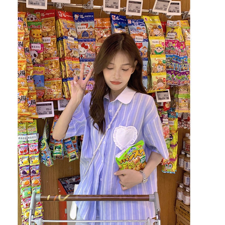 Jiashucheng Áo Sơ Mi Nữ Ngắn Tay Sọc Xanh Dương Phong Cách Hàn Quốc Mới