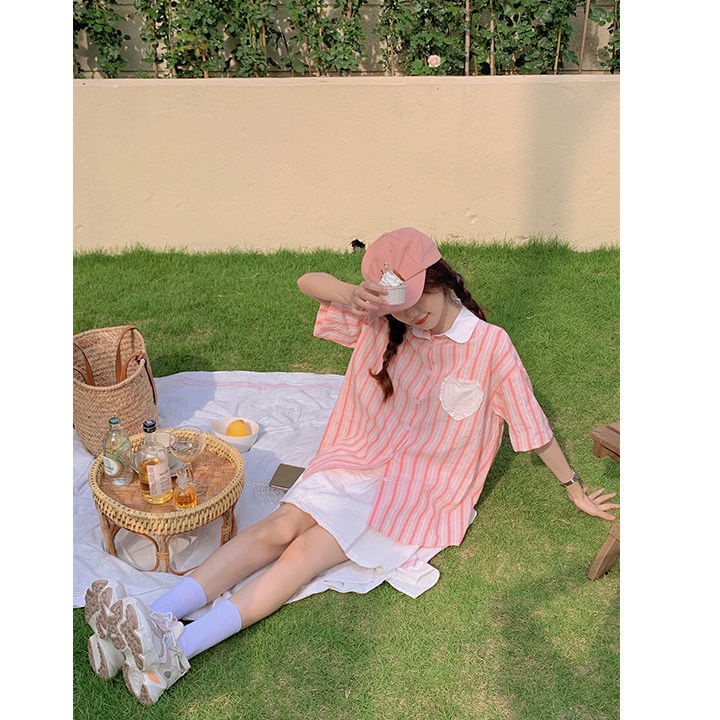 Jiashucheng Áo Sơ Mi Nữ Ngắn Tay Sọc Xanh Dương Phong Cách Hàn Quốc Mới