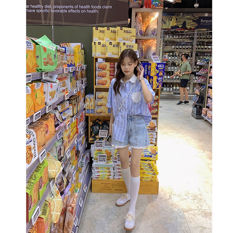 Jiashucheng Áo Sơ Mi Nữ Ngắn Tay Sọc Xanh Dương Phong Cách Hàn Quốc Mới