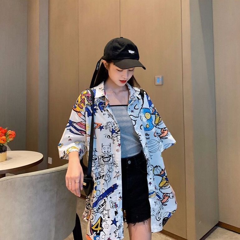 Jiashucheng Áo Sơ Mi Tay Ngắn Dáng Rộng In Họa Tiết Graffiti Chuột Mickey Phong Cách Mới Cho Học Sinh
