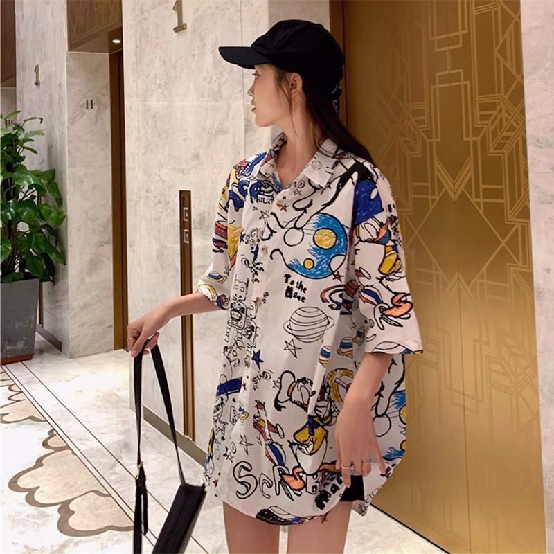 Jiashucheng Áo Sơ Mi Tay Ngắn Dáng Rộng In Họa Tiết Graffiti Chuột Mickey Phong Cách Mới Cho Học Sinh