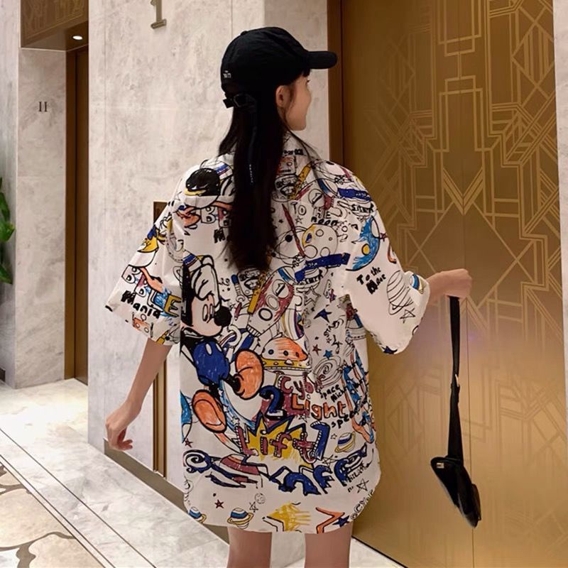 Jiashucheng Áo Sơ Mi Tay Ngắn Dáng Rộng In Họa Tiết Graffiti Chuột Mickey Phong Cách Mới Cho Học Sinh