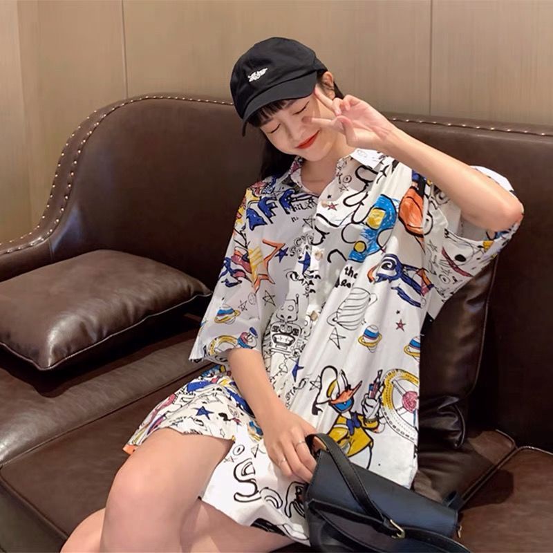 Jiashucheng Áo Sơ Mi Tay Ngắn Dáng Rộng In Họa Tiết Graffiti Chuột Mickey Phong Cách Mới Cho Học Sinh