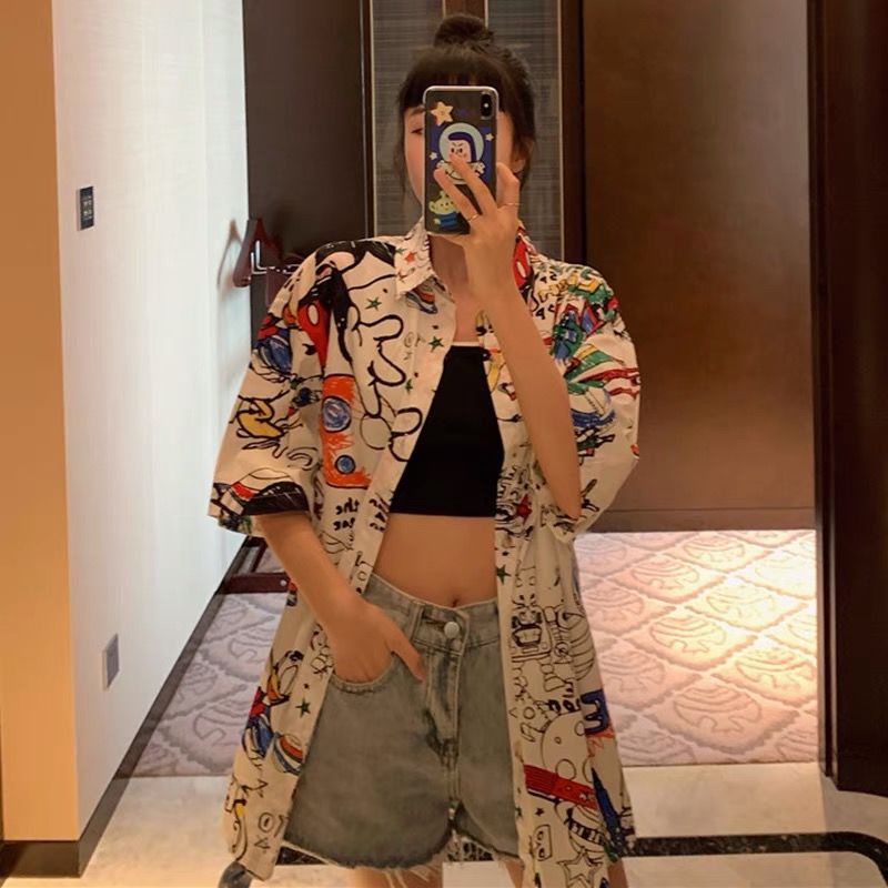 Jiashucheng Áo Sơ Mi Tay Ngắn Dáng Rộng In Họa Tiết Graffiti Chuột Mickey Phong Cách Mới Cho Học Sinh