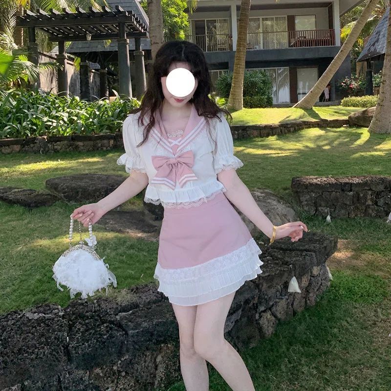 Set Áo Tay Phồng Cổ Thủy Thủ Thắt Nơ Phối Quần Short Denim Lưng Cao Thời Trang Cá Tính Cho Nữ