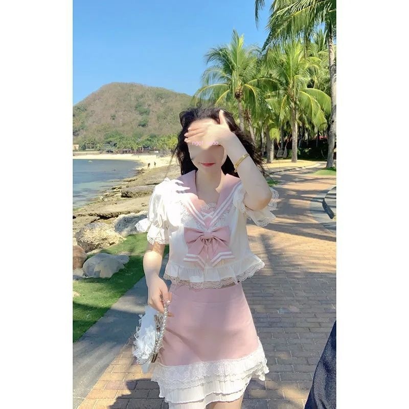 Set Áo Tay Phồng Cổ Thủy Thủ Thắt Nơ Phối Quần Short Denim Lưng Cao Thời Trang Cá Tính Cho Nữ