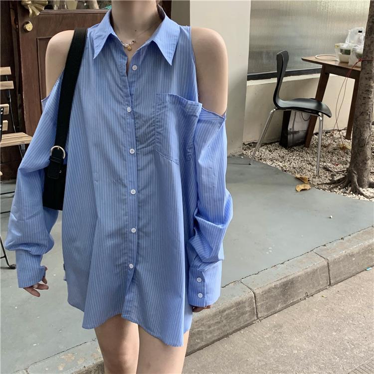 Jiashucheng Áo Sơ Mi Dài Tay Hở Vai Họa Tiết Sọc Thời Trang Dành Cho Nữ