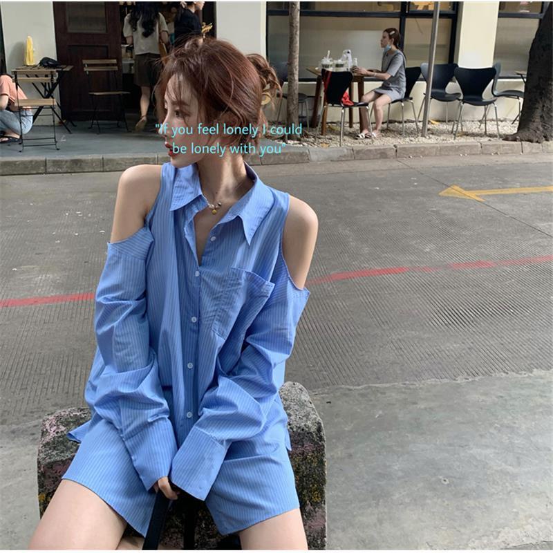 Jiashucheng Áo Sơ Mi Dài Tay Hở Vai Họa Tiết Sọc Thời Trang Dành Cho Nữ