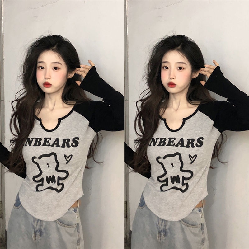 Jiashucheng Áo Thun Tay Dài Size Lớn Che Bụng Phối Màu Phong Cách Hàn Quốc Thời Trang Xuân Thu Mới Dành Cho Bạn Nữ