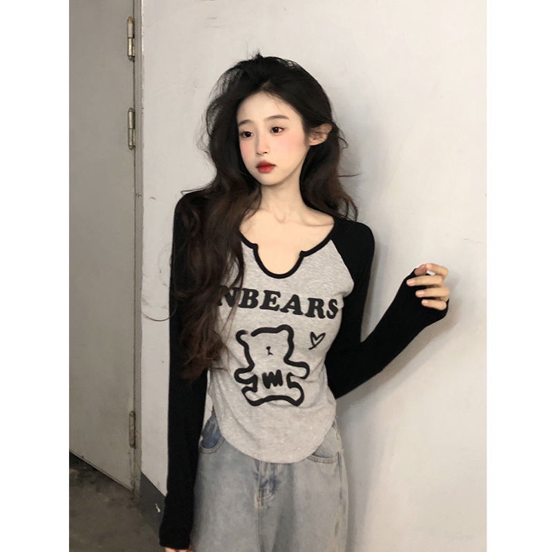 Jiashucheng Áo Thun Tay Dài Size Lớn Che Bụng Phối Màu Phong Cách Hàn Quốc Thời Trang Xuân Thu Mới Dành Cho Bạn Nữ