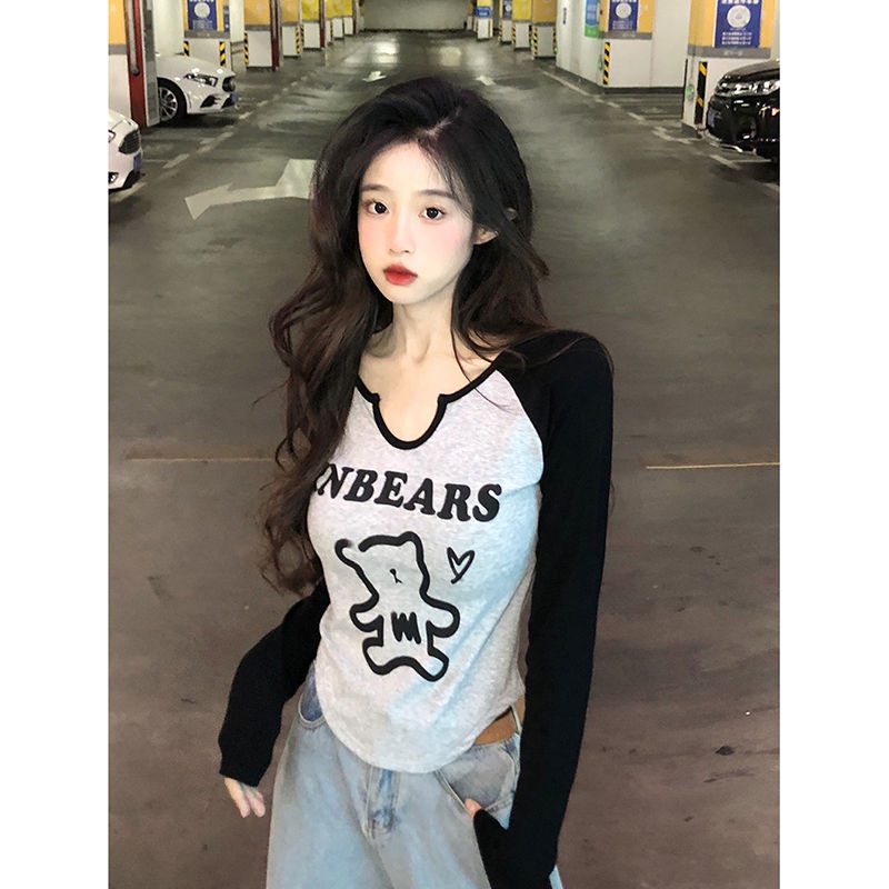 Jiashucheng Áo Thun Tay Dài Size Lớn Che Bụng Phối Màu Phong Cách Hàn Quốc Thời Trang Xuân Thu Mới Dành Cho Bạn Nữ