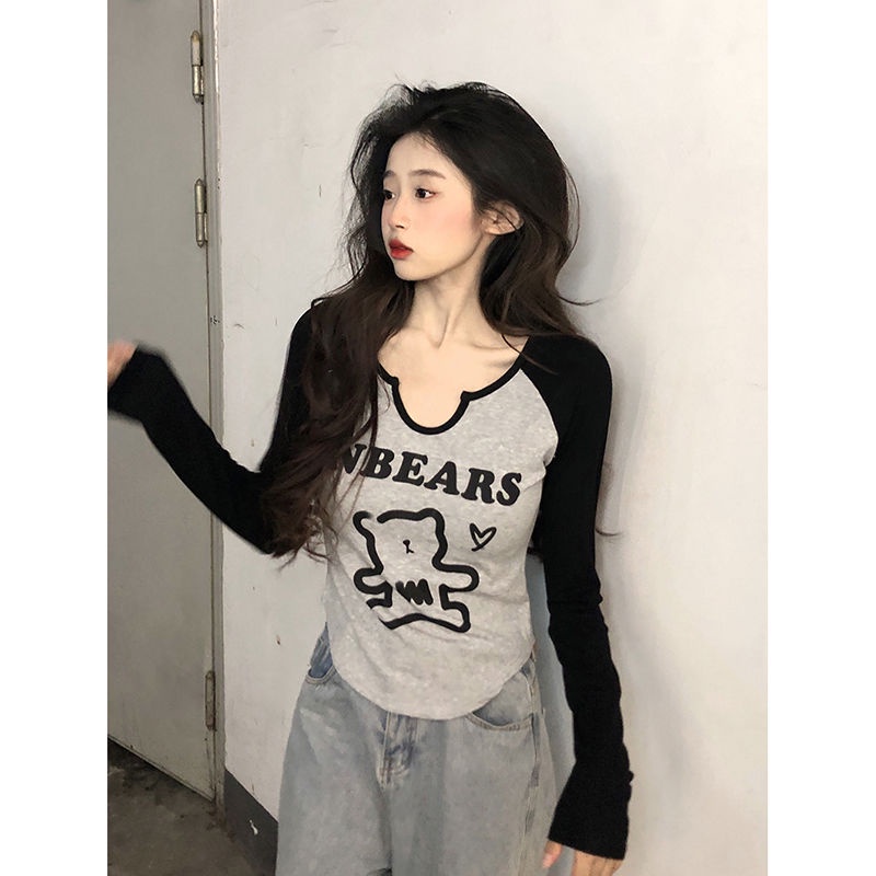 Jiashucheng Áo Thun Tay Dài Size Lớn Che Bụng Phối Màu Phong Cách Hàn Quốc Thời Trang Xuân Thu Mới Dành Cho Bạn Nữ