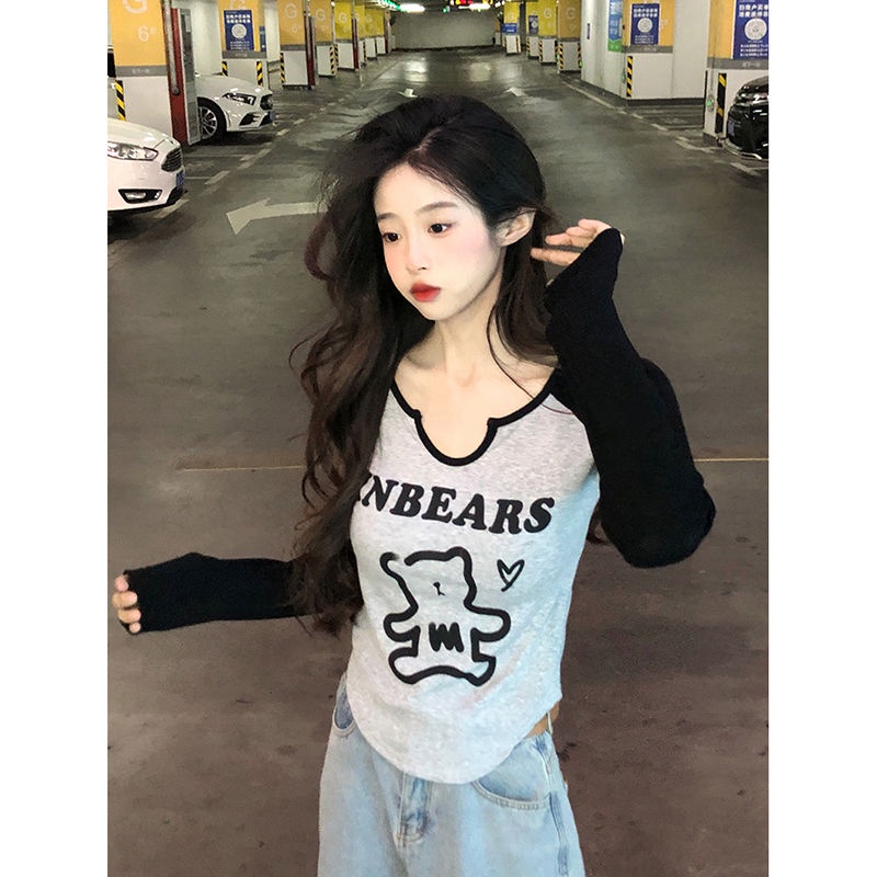 Jiashucheng Áo Thun Tay Dài Size Lớn Che Bụng Phối Màu Phong Cách Hàn Quốc Thời Trang Xuân Thu Mới Dành Cho Bạn Nữ